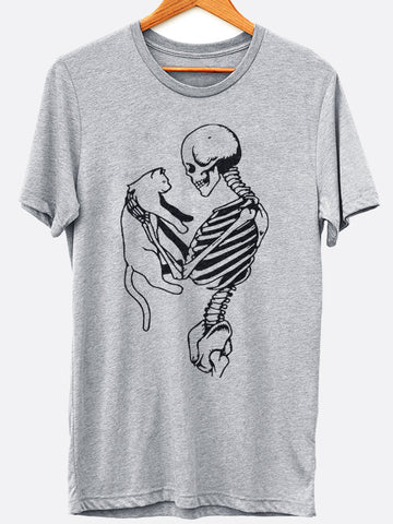 Skeleton Holding Cat Graphic Tee